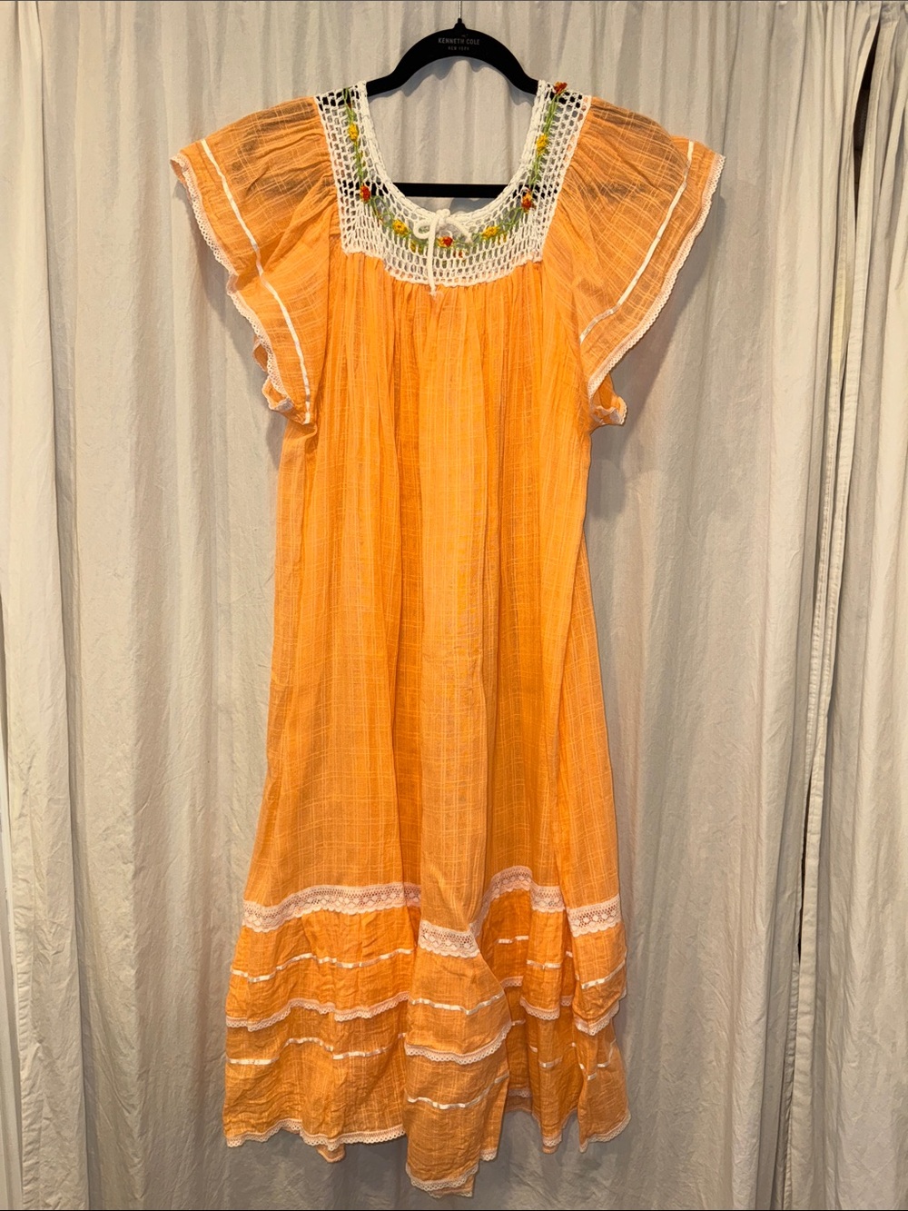Vintage Orange Boho Crochet Yoke Maxi Dress